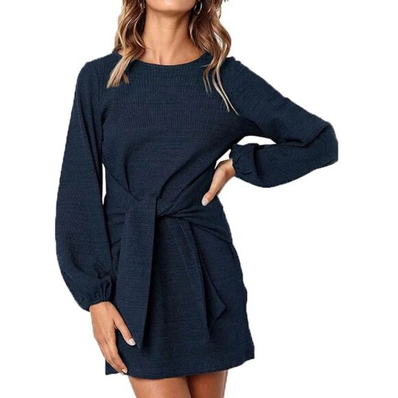 Prettygarden Navy Blue Balloon Sleeve Tie Front Mini Dress, M - Picture 6 of 9